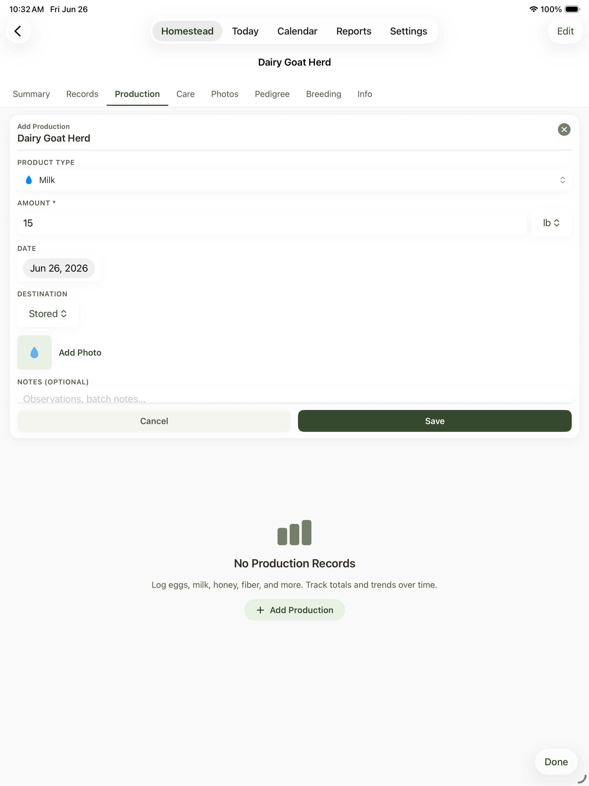 Add production form for a dairy goat herd with date, amount, unit, and notes fields.